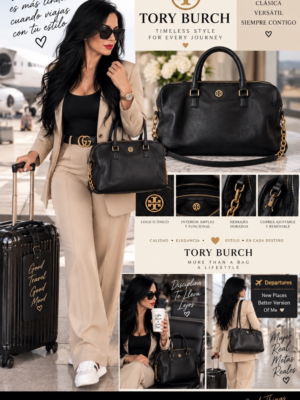 Tory Burch Black Leather Satchel with Gold Hardware Accents